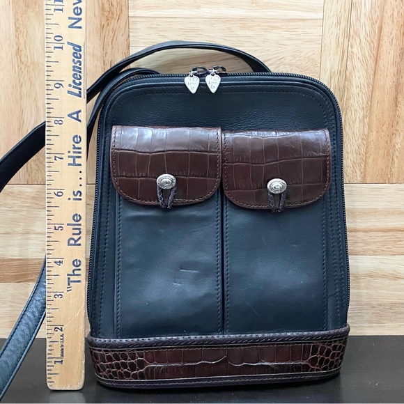 Vintage BRIGHTON Black Croc Leather Trims Two-Flap Front Pockets Shoulder Bag - Picture 11 of 16